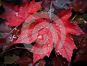 Red maple leaf with water drops close-up. Autumn background. Made with Generative AI
