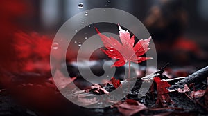 Red maple leaves falling from trees, soft bokeh, autumn background.