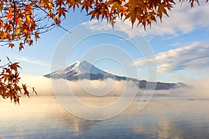 Red maple leaves and Mt.Fuji at Lake Kawakuchi