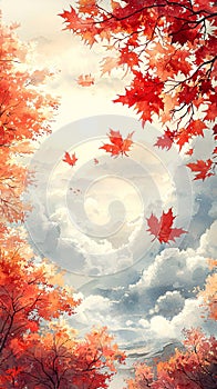 Red maples fall in the clouds of clouds in autumn