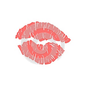 Red mark kisses lipstik pink mouth. Hand drawn shape beauty sexy silhouette isolated on white background. Vector icon