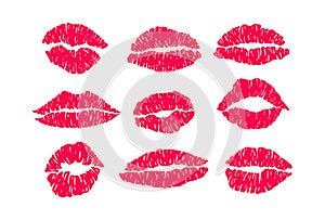 Red mark kisses lipstik pink mouth set. Hand drawn shape beauty sexy silhouette isolated on white background. Vector