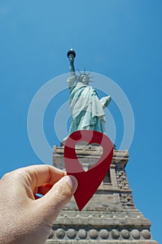 red marker points the Statue of Liberty, New York