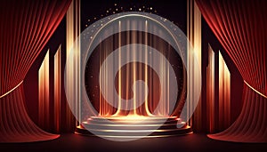 Red Maroon Golden Curtain Stage Award Background. Trophy on Red Carpet Luxury Background. Generative ai