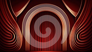 Red Maroon Golden Curtain Stage Award Background. Trophy on Red Carpet Luxury Background. Generative ai