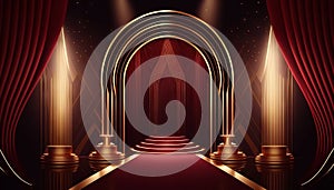 Red Maroon Golden Curtain Stage Award Background. Trophy on Red Carpet Luxury Background. Generative ai