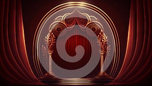 Red Maroon Golden Curtain Stage Award Background. Trophy on Red Carpet Luxury Background. Generative ai