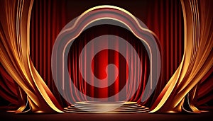 Red Maroon Golden Curtain Stage Award Background. Trophy on Red Carpet Luxury Background. Generative ai