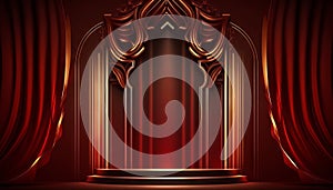 Red Maroon Golden Curtain Stage Award Background. Trophy on Red Carpet Luxury Background. Generative ai