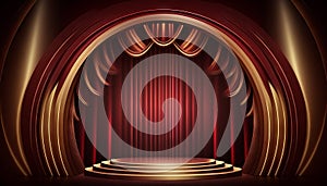 Red Maroon Golden Curtain Stage Award Background. Trophy on Red Carpet Luxury Background. Generative ai