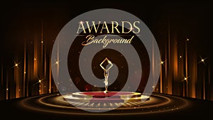 Red Maroon Golden Curtain Stage Award Background. Trophy on Round Red Carpet Luxury Background. Modern Abstract Design Template.
