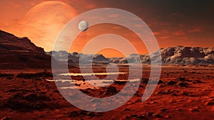 Red Martian desert. Fantastic alien landscape of another planet with mountains, red earth, fantastic sky with a huge