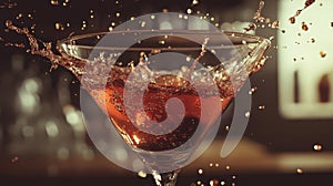 Red Martini Cocktail Splash in Dark Bar Setting