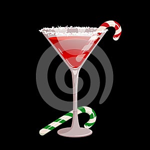 Red martini with sugar cane. Christmas martini with a sugar cane rim.