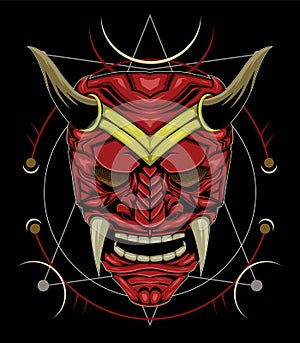 Red mask devil face illustration.  head of red demon. japanese demon mask