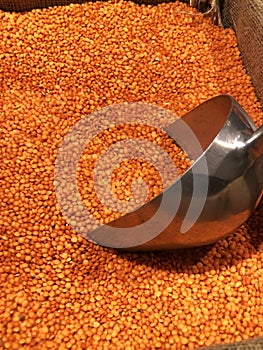 Red masoor lentil being picked to be sold by weight by an iron scoop in a wholesale market