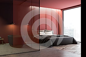 Red master bedroom corner with bathroom