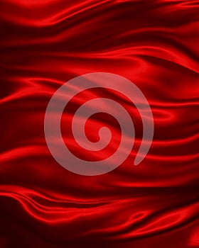 Red material background with draped folds and wrinkles with silk texture