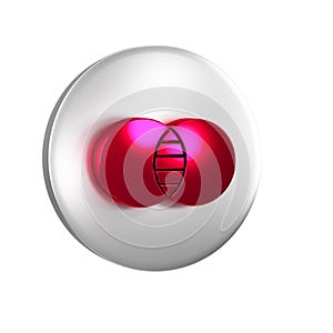 Red Mathematics sets A and B icon isolated on transparent background. Symmetric difference. Silver circle button.
