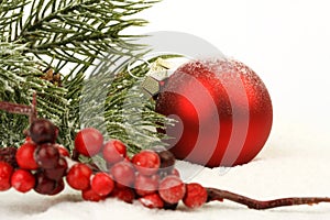 Red matt christmas ball on snow and red rowanberries