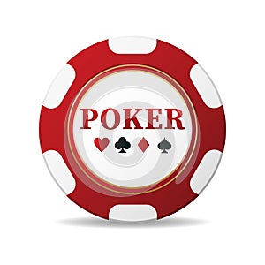 Red matte casino poker chip. With elements of card suits. Realistic