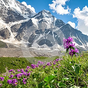 Red meadow flowers on a background of snowy mountains