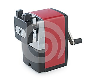 Red mechanical pencil sharpener isolated on a white background