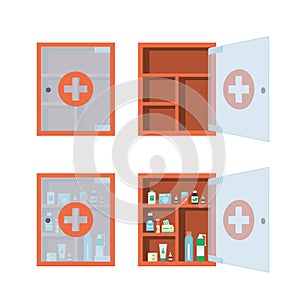 Red medical cabinet with open and closed glass transparent door. Medicine chest