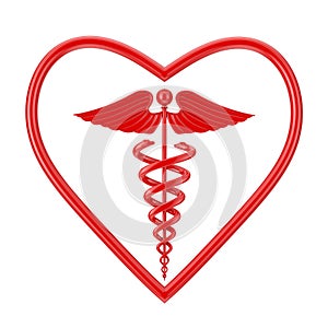 Red Medical Caduceus Symbol in Shape of Heart. 3d Rendering
