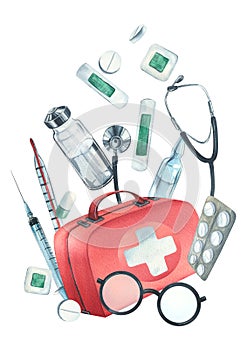 Red medical case, first aid kit with stethoscope, injections, plaster, pills and glasses. Watercolor illustration, hand