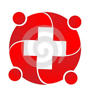 Red medical professionals meeting together icon logo