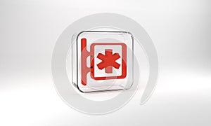 Red Medical symbol of the Emergency - Star of Life icon isolated on grey background. Glass square button. 3d