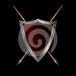 Red medieval shield with spears on black background.