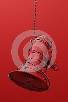 Red Megaphone with black wiggle barbed wire 3D rendering, Protest against dictatorship threaten censored press concept poster and
