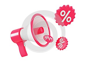 Red megaphone with discount promo tags for sales and shopping online. The concept of a sale. 3d rendering