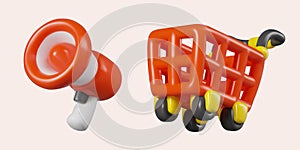 Red megaphone, empty shopping cart. Vector 3D templates for announcements