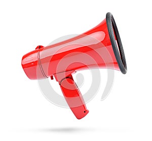 Red megaphone isolated on white background.