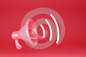 Red megaphone with light sound waves on red background