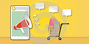 Red megaphone with mobile phone, speech bubbles, shopping cart and colourful paper bags on yellow background.