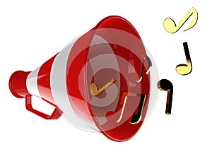 Red megaphone with music notes isolated 3d illustration