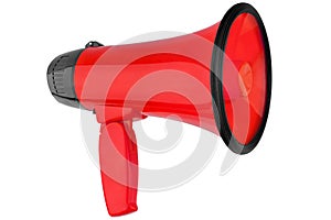 Red megaphone on white background isolated close-up, hand loudspeaker design, red loudhailer or speaking trumpet illustration