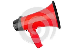 Orange megaphone on white background isolated close up, hand loudspeaker design, red loudhailer or speaking trumpet sign