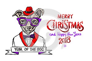 Red Merry Christmas And Happy New Year 2018. vector illustration. christmas dog as santa