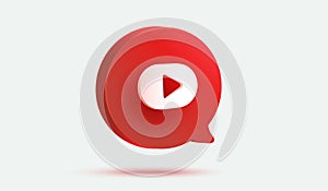 Red message bubble with Play video button 3d vector icon. Media player sign or subscribe symbol