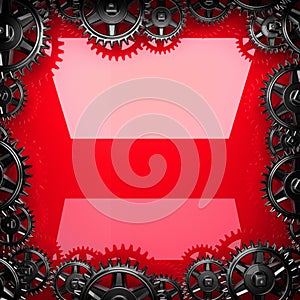 Red metal background with cogwheel gears