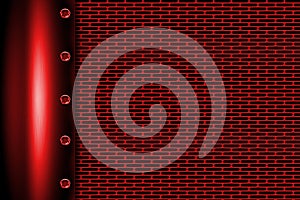 Red metal background with rivet on gray metallic mesh.