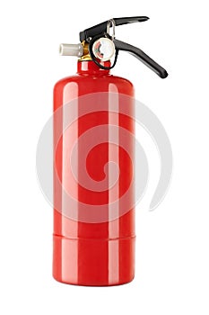 red metal balloon with a valve and a pressure gauge, fire extinguisher household fire safety object