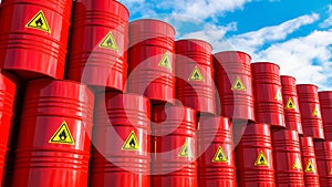 Red metal barrels with fuel of outdoor sky. 3D