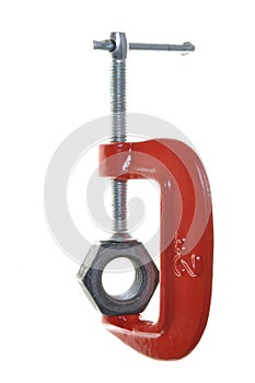 Red metal clamp with nut