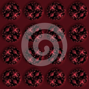 Red metal effect decorative oriental texture. Seamless engraved oxidised 3d circle motif pattern. Ornamental all over